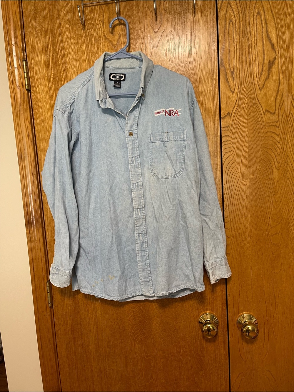 Light Blue Denim Button-Down Shirt with Embroidered NRA Logo - Men